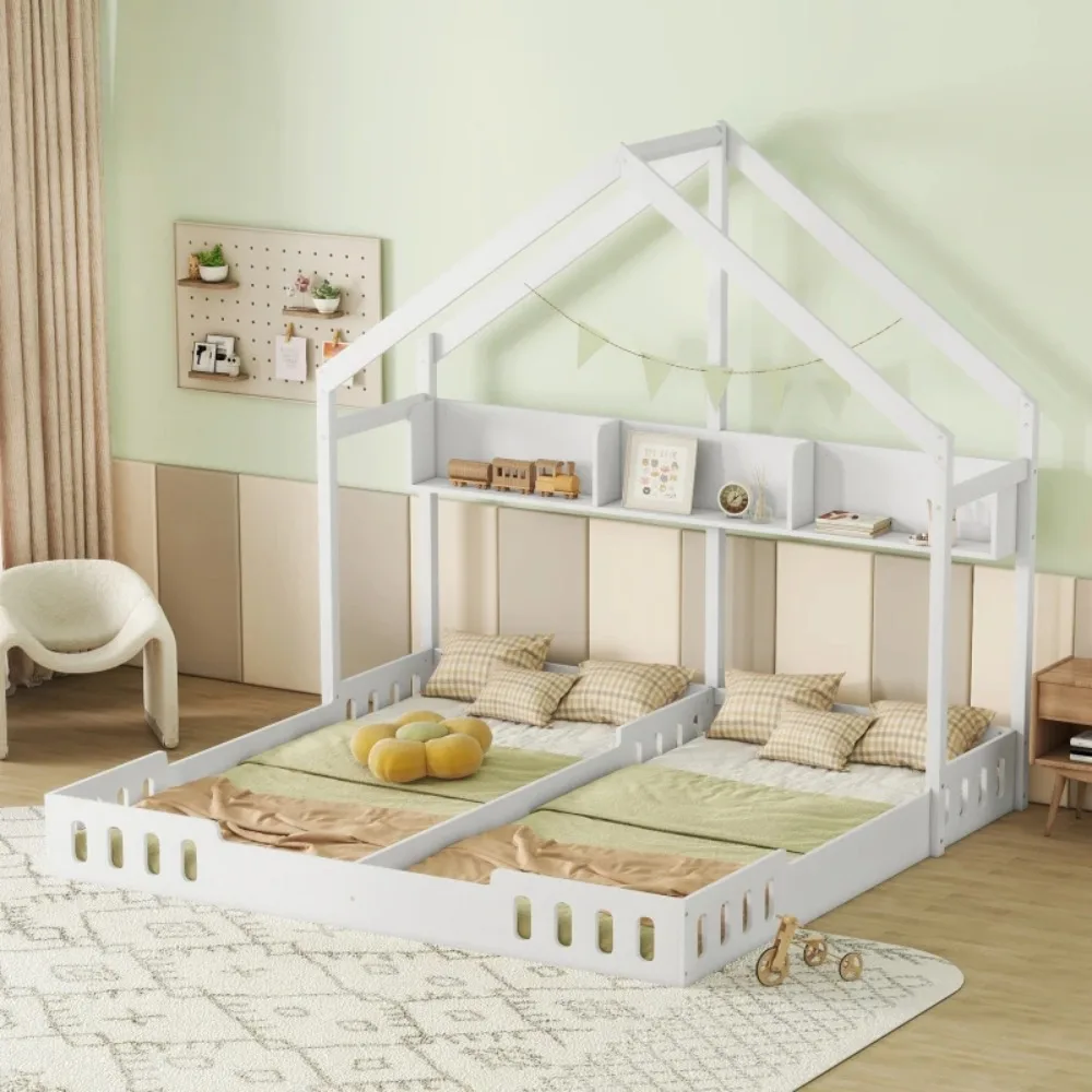 

Wood Twin Size House Platform Beds,Two Shared Beds with Shelves and Guardrail，Bedroom children's double bed with bookshelf