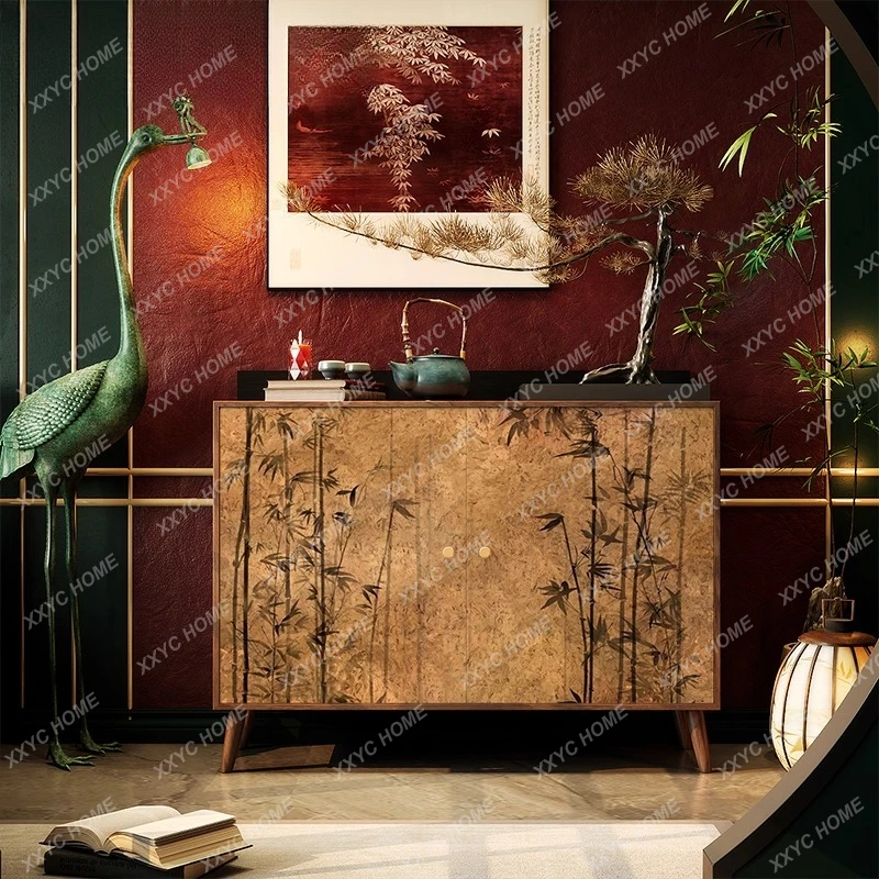 Y Chinese Style Light Luxury Bamboo Leaf Living Room Partition Cabinet Entrance Solid Wood Sideboard Sofa Side Tea Cabinet