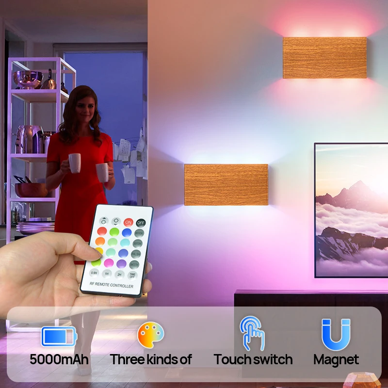 6WCharging Wall Lamp with Remote Control RGB Colorful Touch Dimming LED Wall Light Home Battery Portable Night Light for Bedside