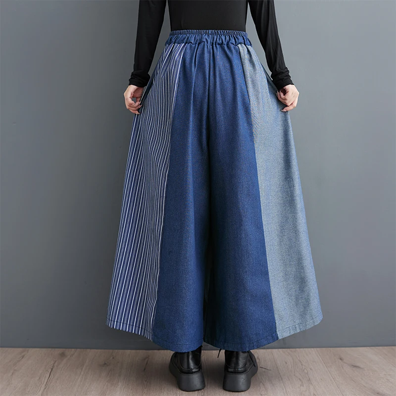 レトロ和風カジュアルパンツハイウエストワイドレッグジーンズ女性の弾性ウエスト巾着ルーズフィットズボン