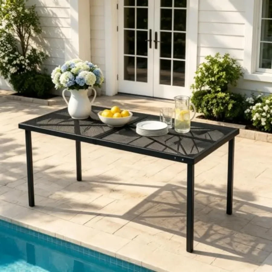 59 Square Patio Dining Table for 4, All-Weather Polywood Table, Black with Umbrella Hole, UV-Resistant Outdoor Round Dining Tab