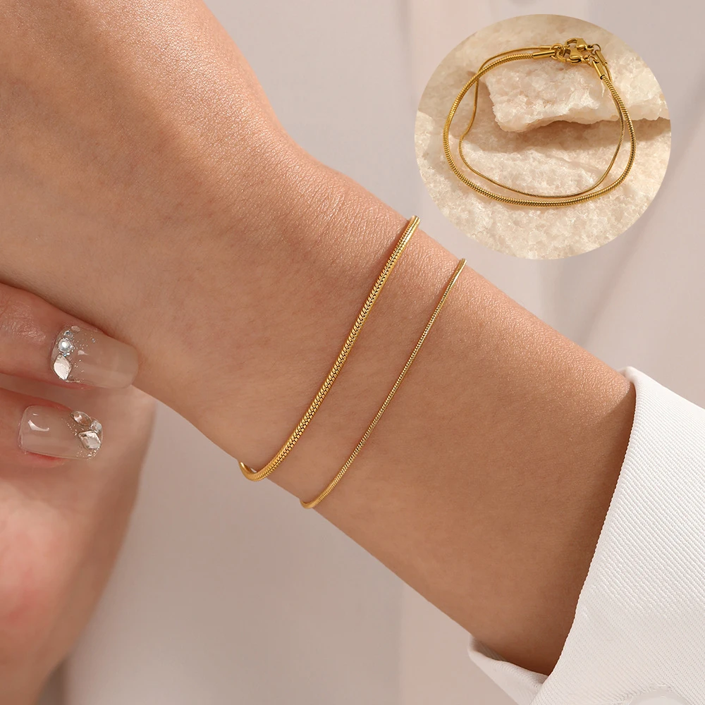 

CARLIDANA Simple PVD 14K Gold Plated 316L Stainless Steel Wide Length Round Round Snake Chain Bracelet Jewelry For Women