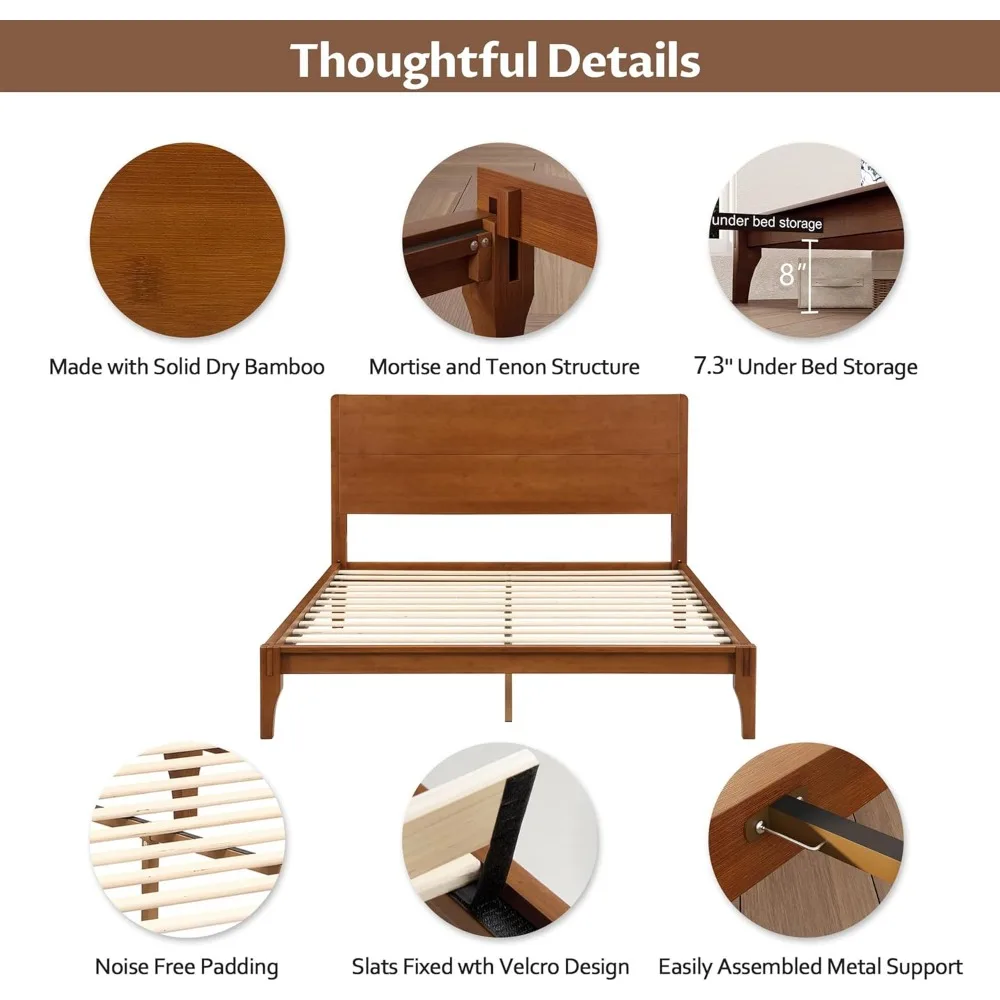 سرير بمنصة من الخيزران بحجم كوين، إطار سرير حديث لمنتصف القرن مع لوح رأسي طويل، إطار سرير متين مستدام بحجم كوين #4