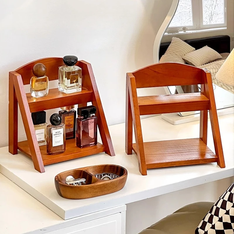 Retro Wooden Shelves Desktop Storage Rack Water Cup Perfume Dressroom Tabletop Cosmetics Storage Jewelry Display Frame Organizer