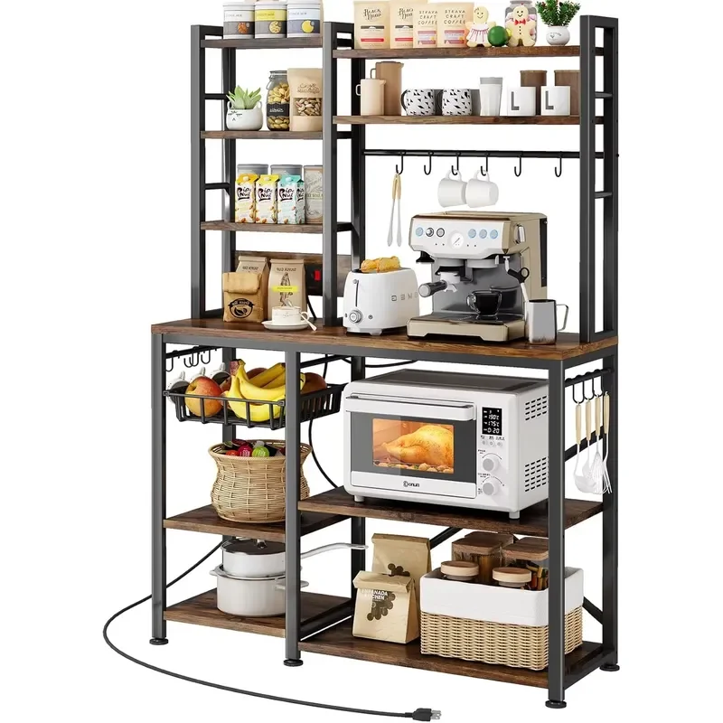 Brown Wooden Kitchen Cart with Power Socket and 14 Hooks Large Coffee Bar Station Microwave Oven Stand Storage for Seasoning