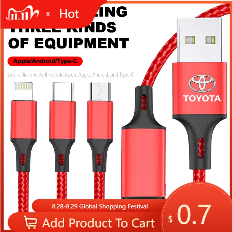 

Fot Toyota 2026 Новый 1 шт. Автомобильная эмблема 3 в 1 Type C Lightning Micro USB кабель для быстрой зарядки для Toyota Rav4 TRD Avalon Land Cruise