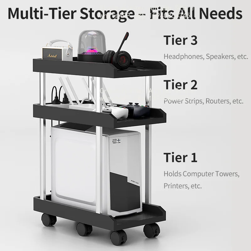 Rolling Computer Tower Cart, Space-Saving Desk Organizer with Open Shelves, Ventilated Design for Heat Dissipation