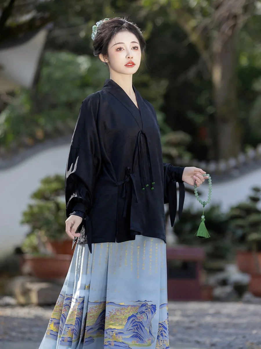 

Оригинальный весенний женский комплект ханьфу 2024, повседневный топ с вышивкой золотого лука и юбка с хвостом, традиционная китайская одежда