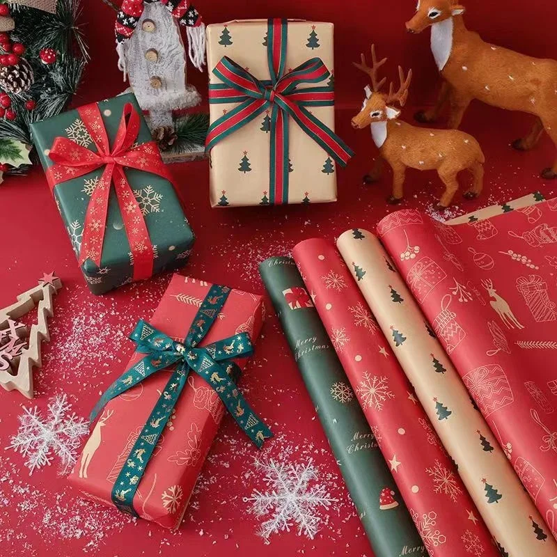 New 10 Sheets Christmas Gift Box Kraft Wrapping Paper 50x74cm Large Size Retro Classic Delicate Christmas Gift Decoration Paper