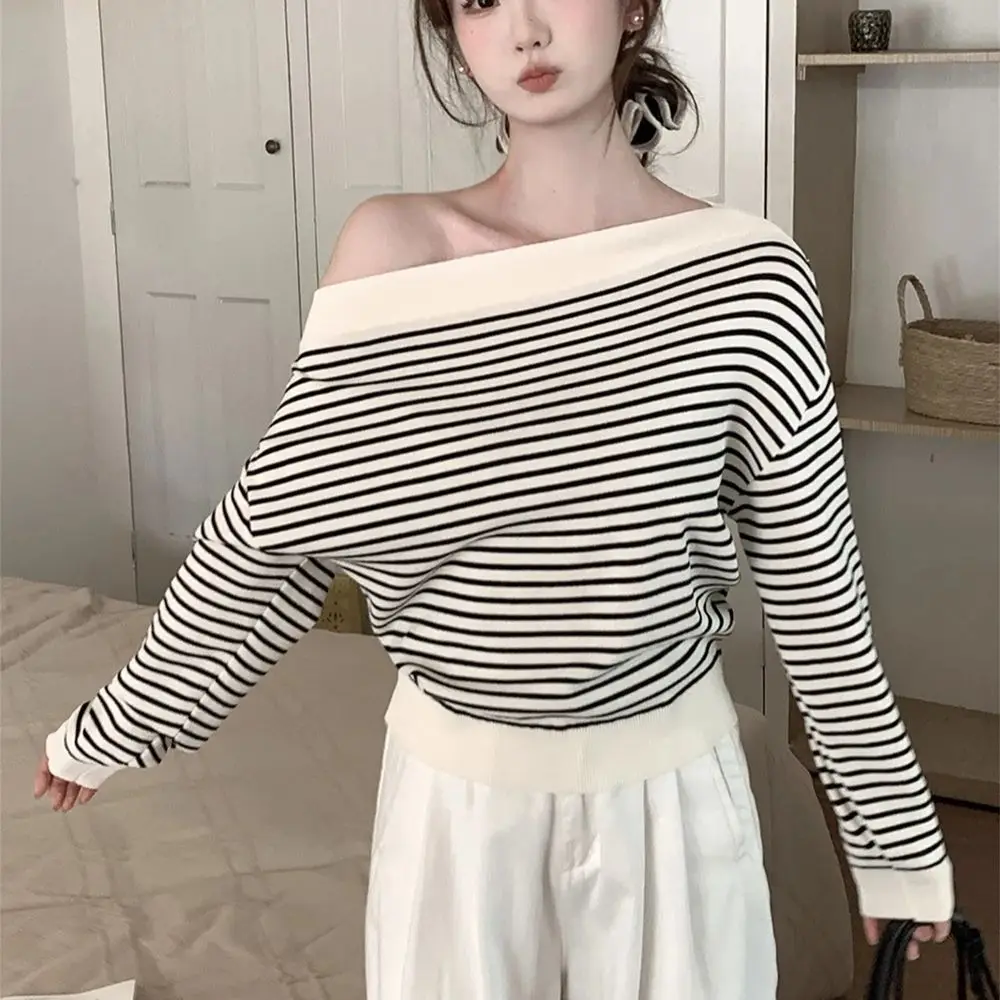 

Striped Off-the-Shoulder Knitted Sweater Women's Spring Summer Single Wear Pullover Oblique Neck Fashion Versatile Female Tops