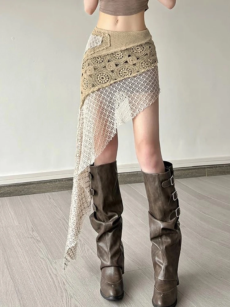Skirt Retro Crochet Color Block High Waist Women Summer New Indie Lace Patchwork Irregular Stylish Bodycon Short Skirts