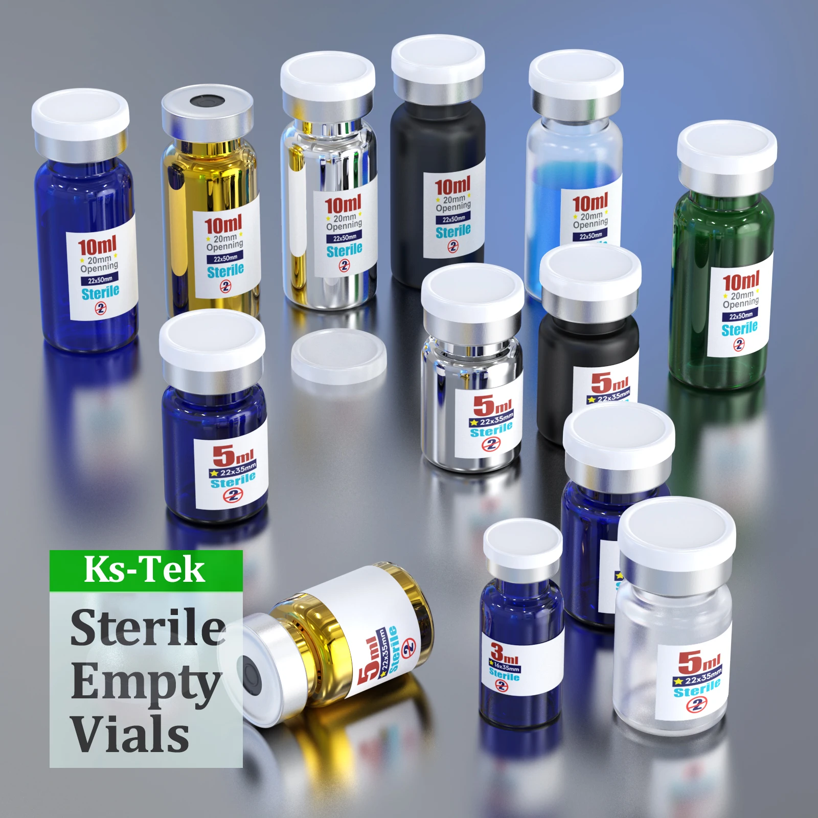 Ks-Tek Sterile Empty Vials with Self Healing Injection Port,with Flip Off Aluminum Cap,Sterile Package