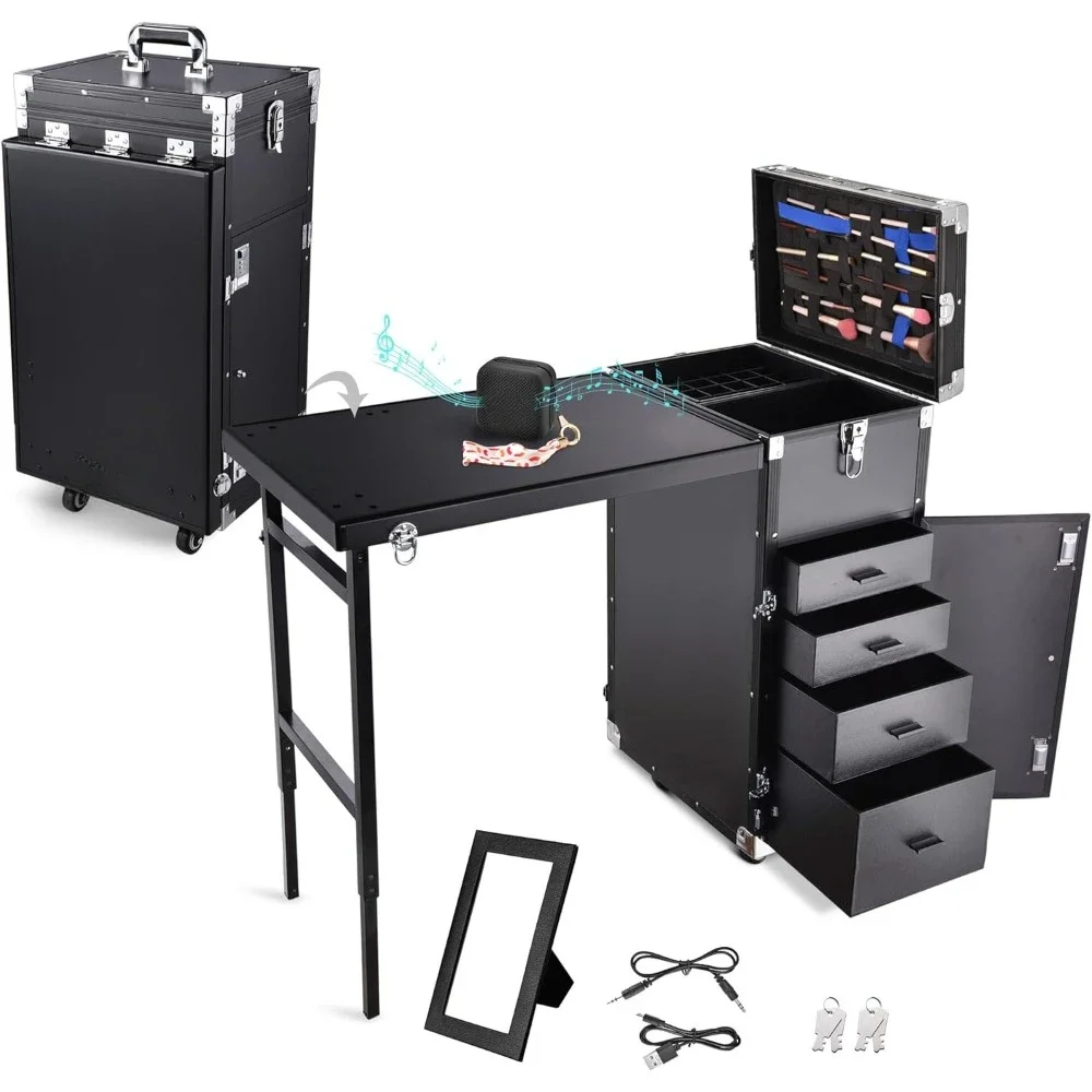 Table de manucure roulante avec bureau, mallette de maquillage, chariot à cosmétiques, rangement de voyage, évaluation avec 4 tiroirs de proximité, table à ongles pliable