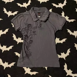 Gothic Streetwear Hip Hop T shirts Women Short sleeve Polo Collar Slim Punk Tees Shirt Dark Vintage Clothes Femme 90s Y2k Tops