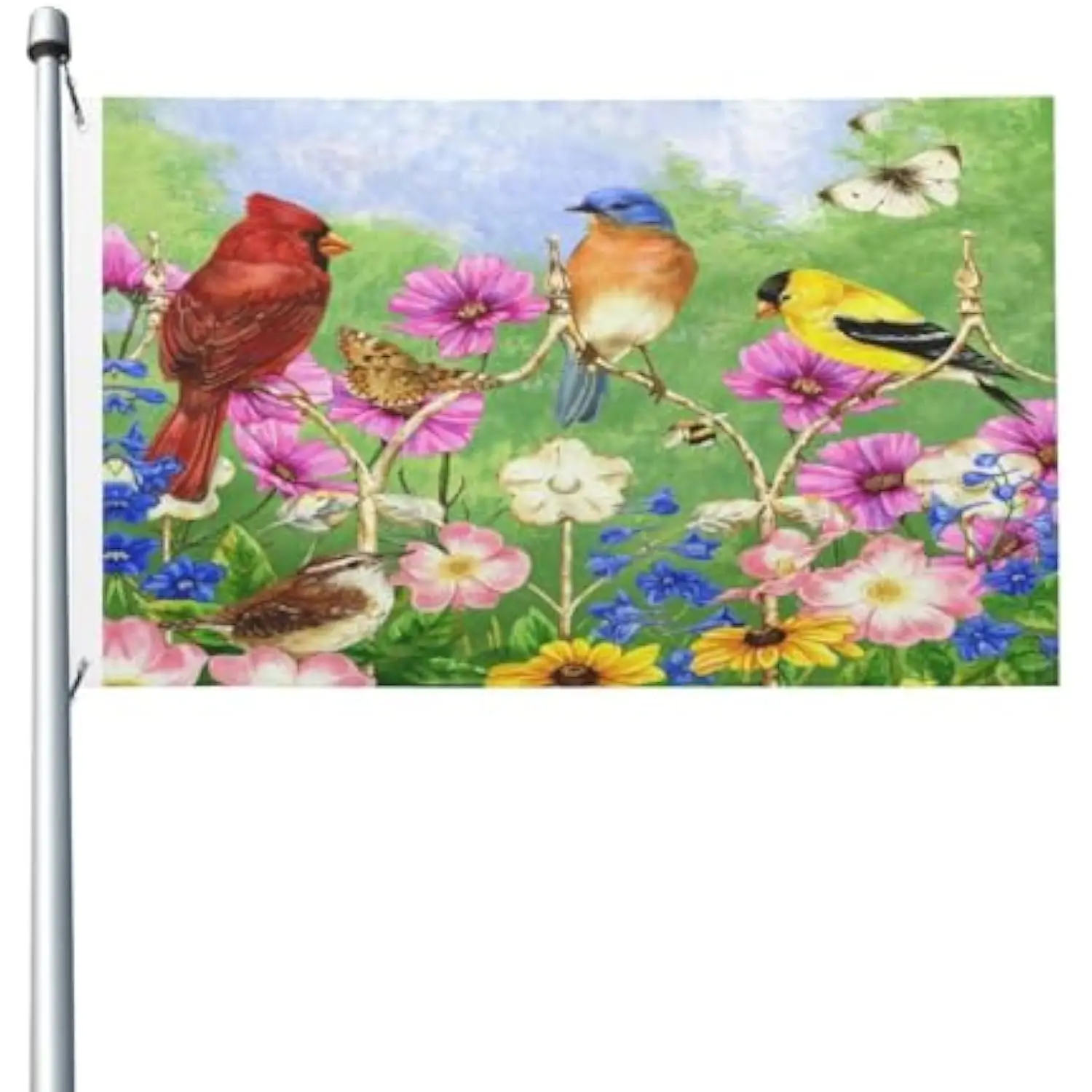 Garden Birds Cardinal Bluebird Goldfinch Spring Decorative House Flag Durable Polyester Banner