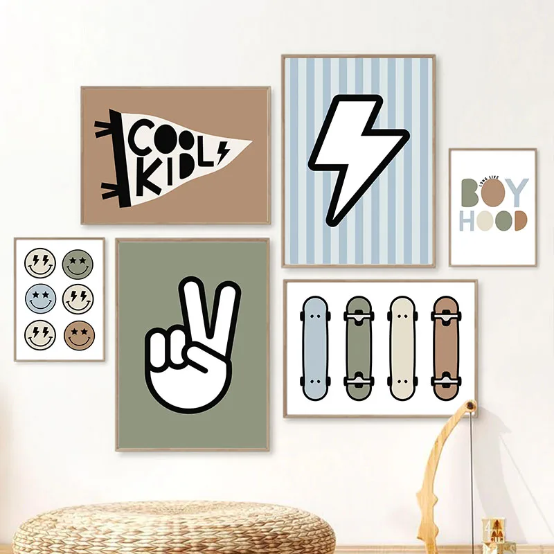 Funny Cartoon Green Smiley Rock Hand Lightning Boys Nursery Poster Print Canvas Painting Wall Art for Baby Kids Room Home Dec
