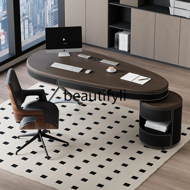 

Light luxury minimalist saddle leather solid wood desk household slate desk high-end computer desk