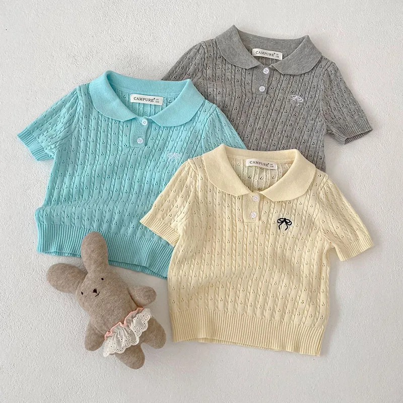 Summer Kids Polo Shirts 18M-7Y Cute Bow Knit Boys T-shirt Loose Fit Children's Clothing Hollow-out Design Girls Tops
