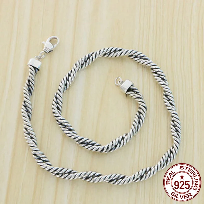 S925 sterling silver necklace retro double Fried Dough Twists winding simple naked hip-hop chain personality fashion