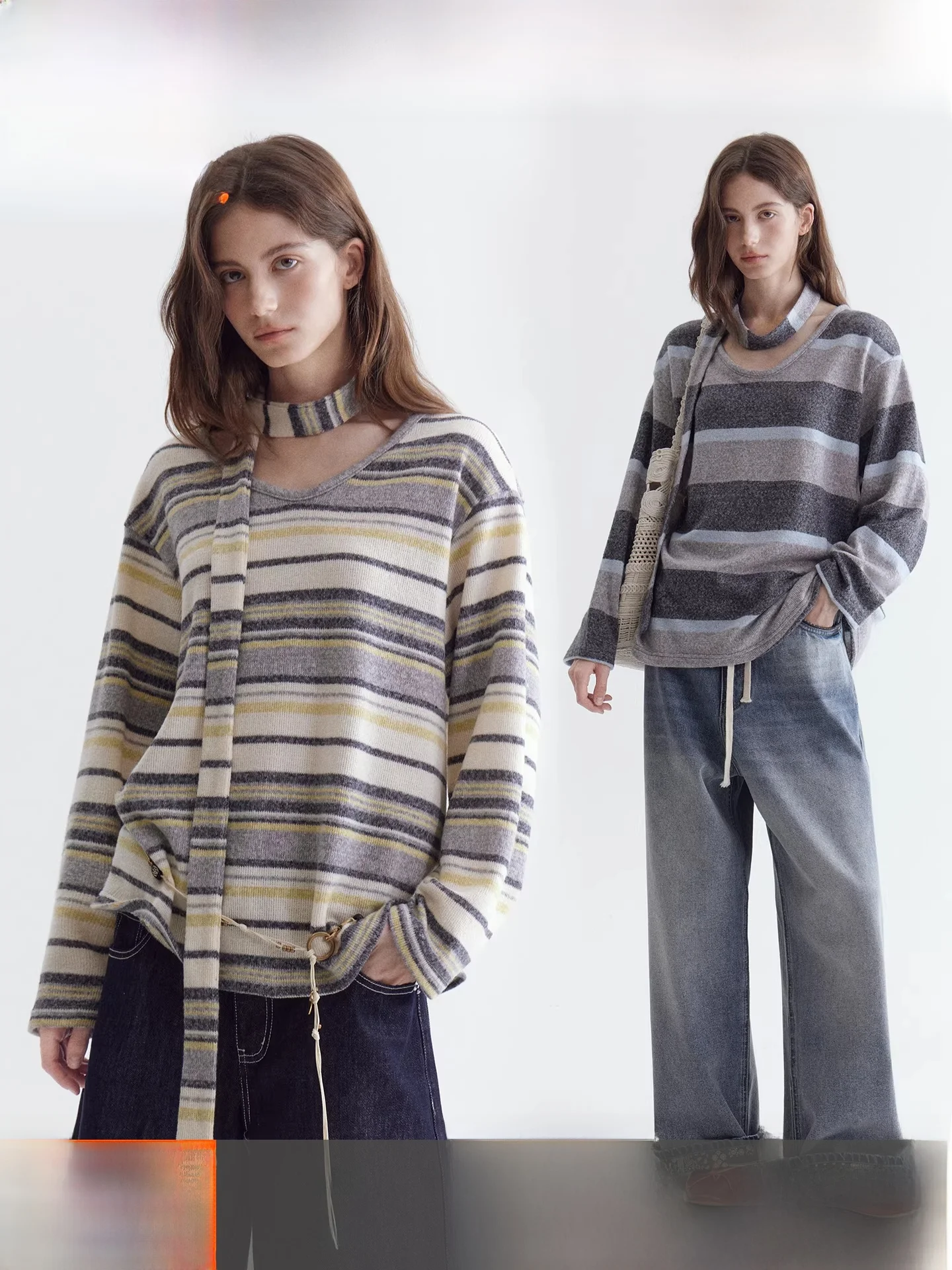 

Женский мягкий трикотажный топ Fano Deconstructed свободного кроя с V-образным вырезом, в полоску, с цветовыми блоками, весенний, с длинными рукавами, повседневный