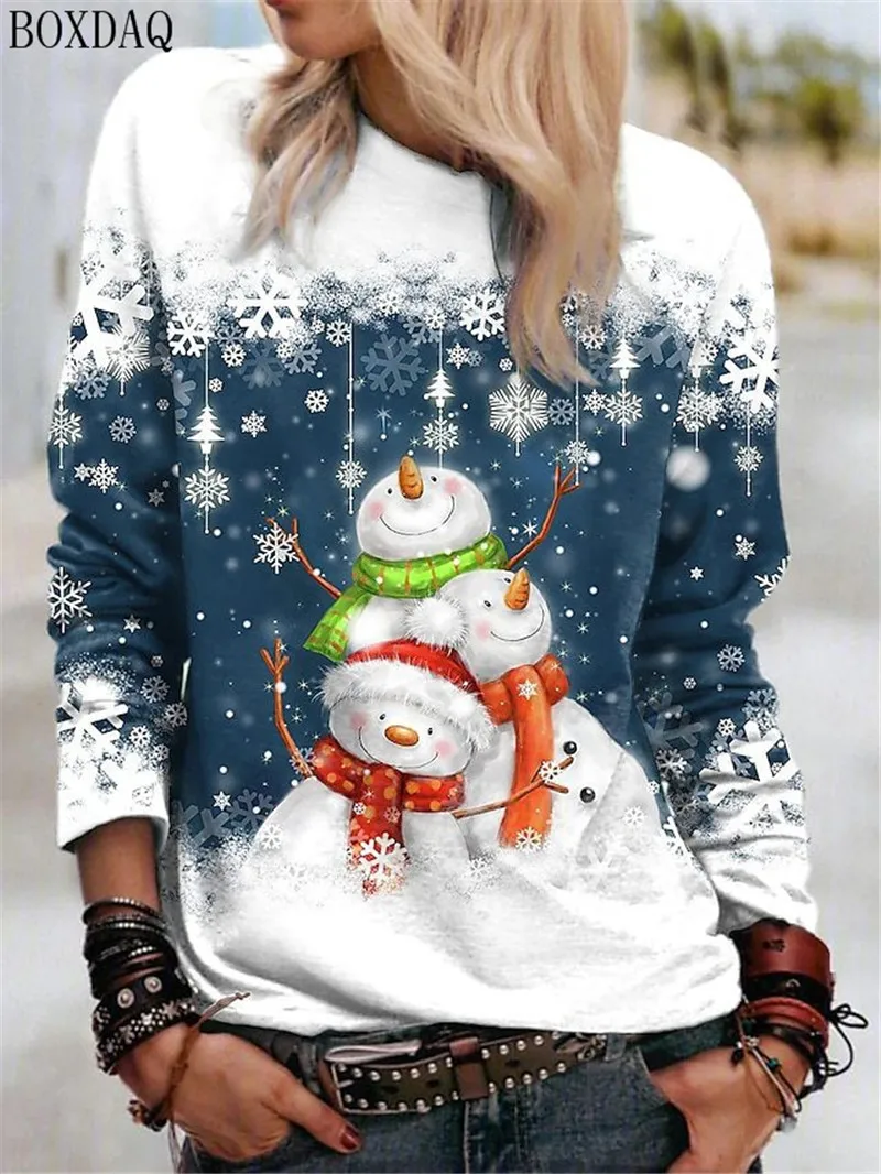 Cartoon Christmas Snowman Women Long Sleeve T-shirts Autumn Winter Christmas Style Streetwear Ladies Tees 3D Print Casual Tops