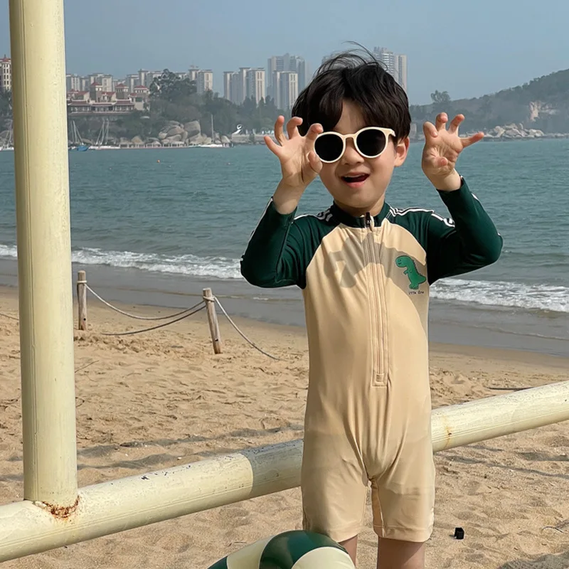 Bañador de una pieza para bebé y niño, traje de baño de manga larga a rayas de secado rápido, Bonito traje de surf con cremallera de dinosaurio de