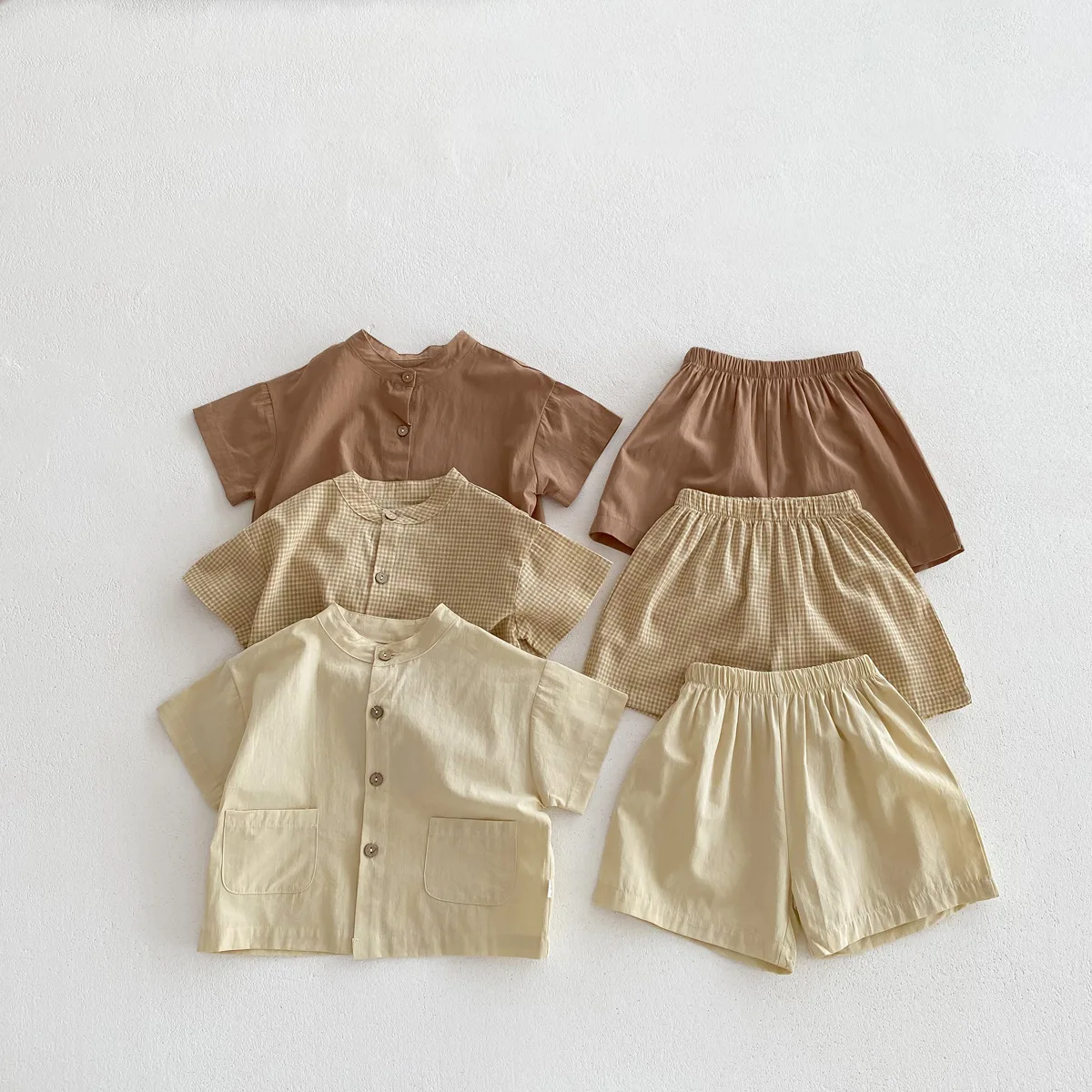 Summer Children Korean Simple Boys Cotton Thin Short Sleeved New Solid Color Two Pieces Go Out Round Collar 2024 Button