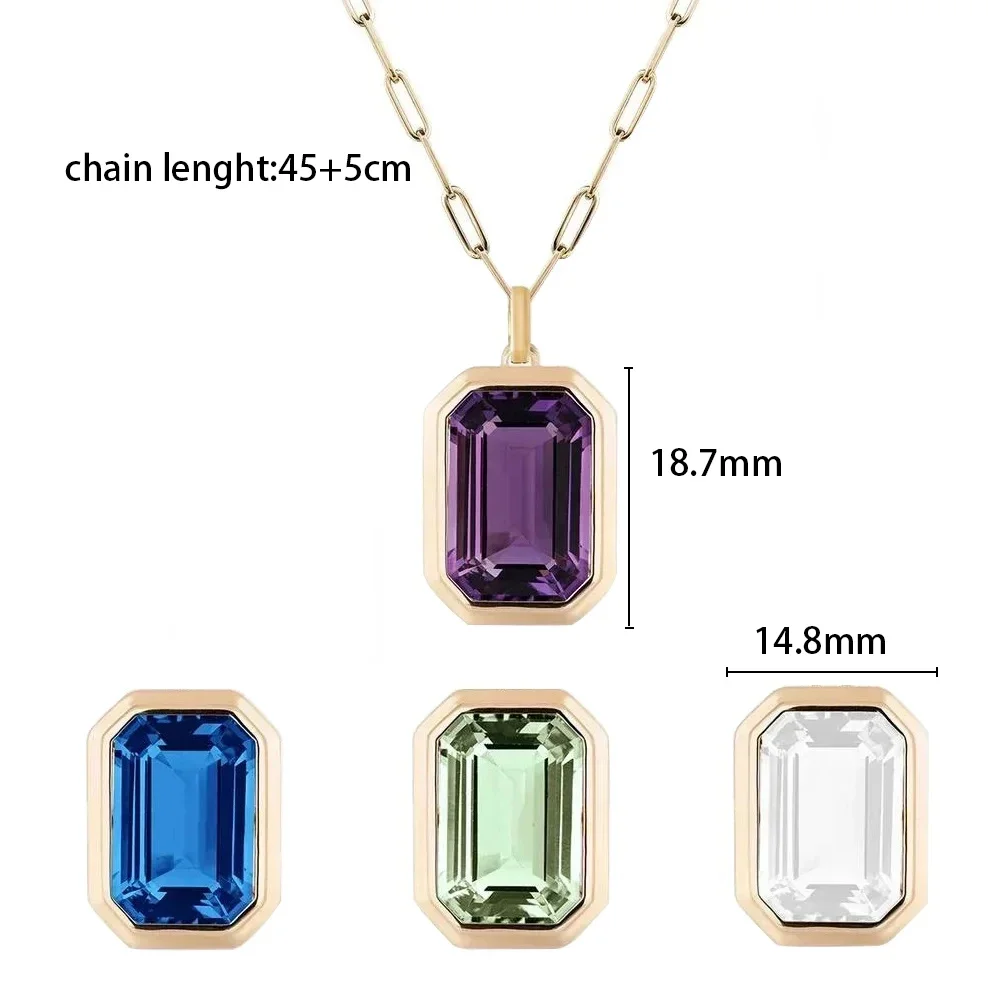 Vintage Colorful Square Crystals Pendant Necklace for Women 18K Gold Plated Paper Clip Link Chains Punk Stackable Chokers Gifts