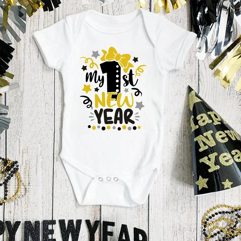 My 1st New Year Print Newborn Baby Rompers Short Sleeve Infant Jumpsuit Baby Bodysuit Boys Girls New Year Ropa Clothes Bodysuits