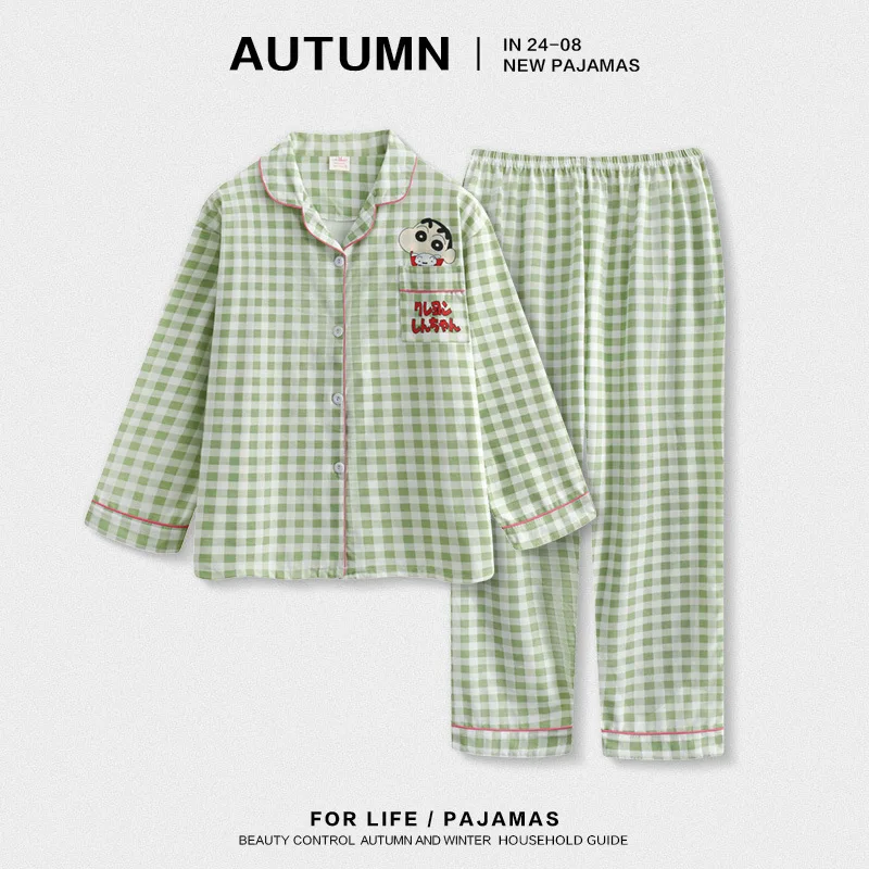 

Anime Crayon Shin-chan Cotton Women Pajamas Kawaii Green Plaid Loose Casual Nightgowns Autumn Winter Thickened Warm Homewear Set