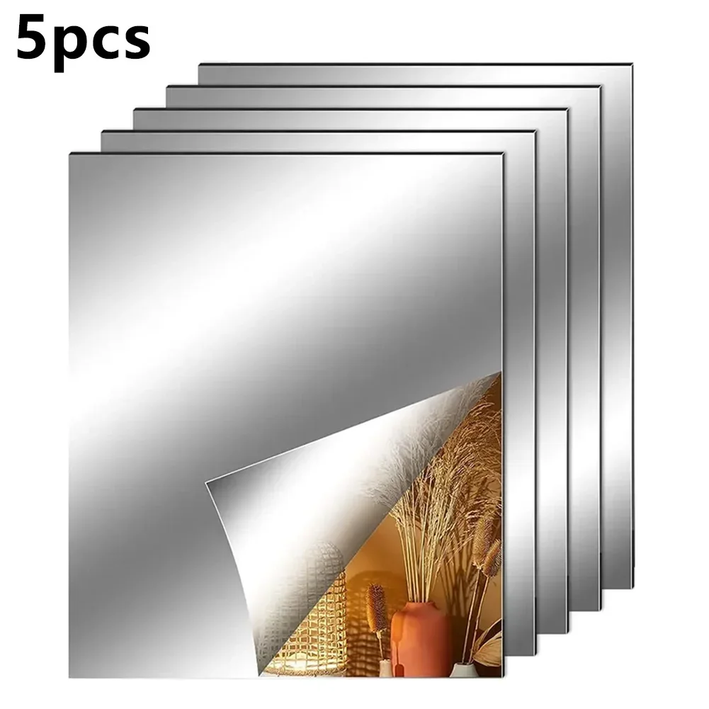 5Pcs Self Adhesive Acrylic Mirror Tiles Flexible Plastic Mirror Sheets Wall Stickers 2MM Thick Bathroom Decor 15*15cm 20*20cm