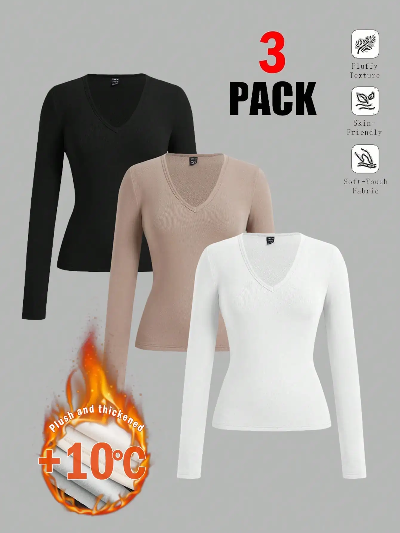 

EZwear, 3 шт., женский облегающий комплект с глубоким v-образным вырезом, длинный базовый теплый пуловер с длинными рукавами и термоподкладкой, комплект футболок,