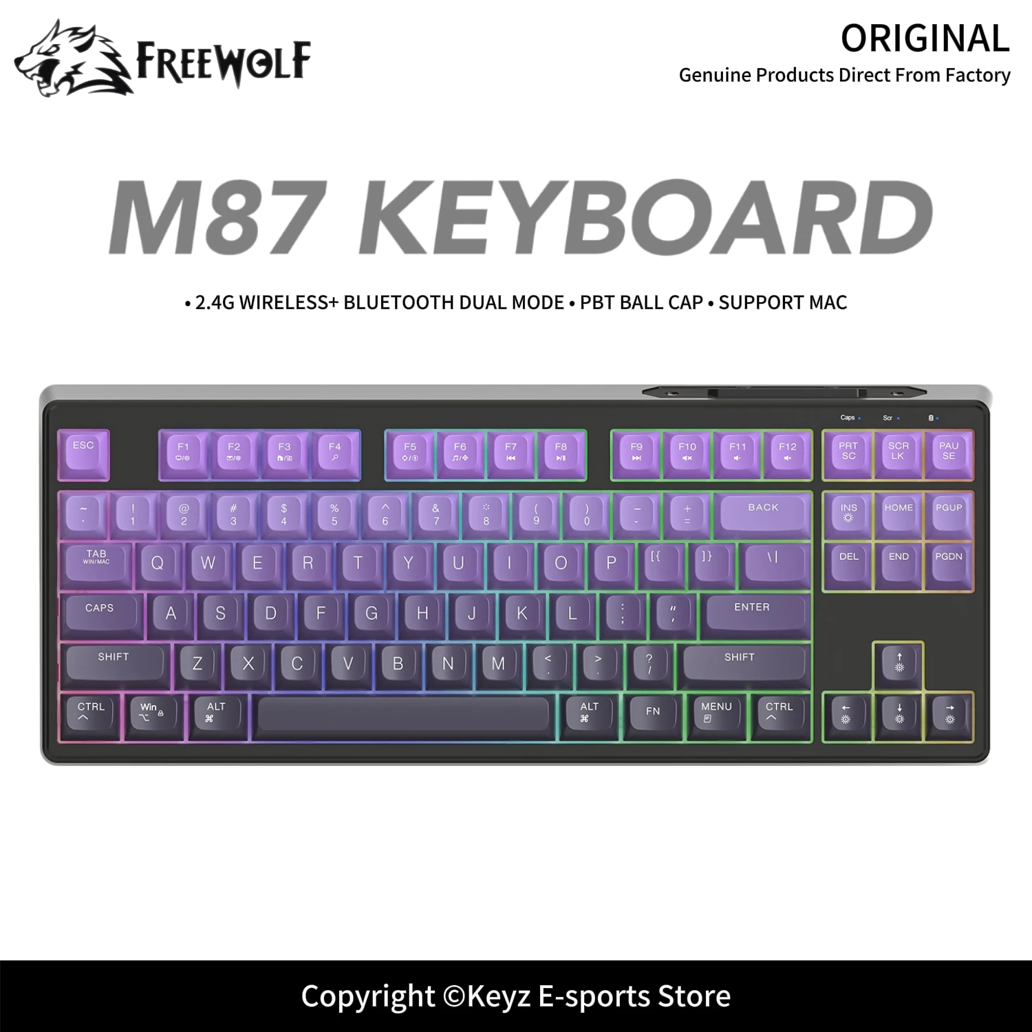 FREEWOLF M87 Dual Mode Wireless Bluetooth Keyboard 2.4G PBT Ball Cap Long Battery Life Rainbow Mixed Light for E-Sports