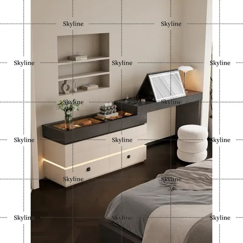 Italian Minimalist Solid Wood Dresser Chest with Lock Integrated Cabinet Table Combination for Master Bedroom Retractable End