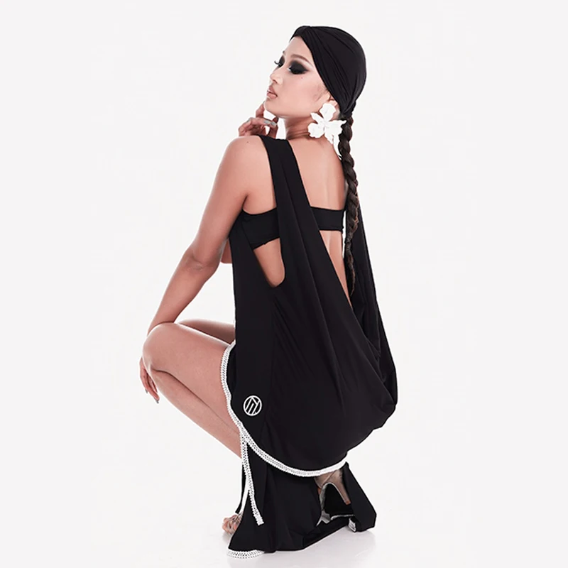 Latin Dance Zwarte Losse Kiel Backless Tops Onregelmatige Rokken Prestaties Kostuums Chacha Rumba Tango Volwassen Latin Jurk DN20580