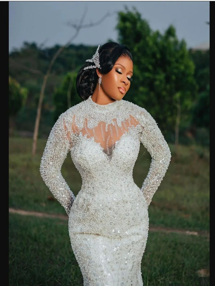 Vestido De novia personalizado con cuello alto, trabajo hecho a mano, perlas pesadas, tren De barrido, bata De boda De manga larga, vestido De novia De lujo