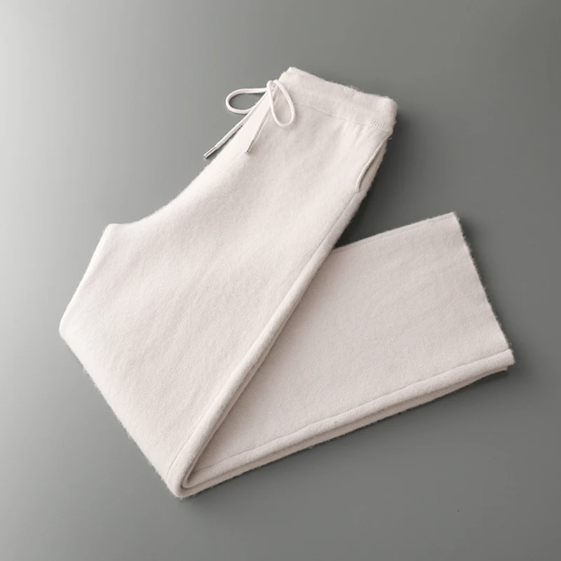 New 100% Cashmere Elastic-Waist Thickened Wide-Leg Men's Casual Fashion Long Pants Autumn Winter Warm Comfortable Knitted Pants