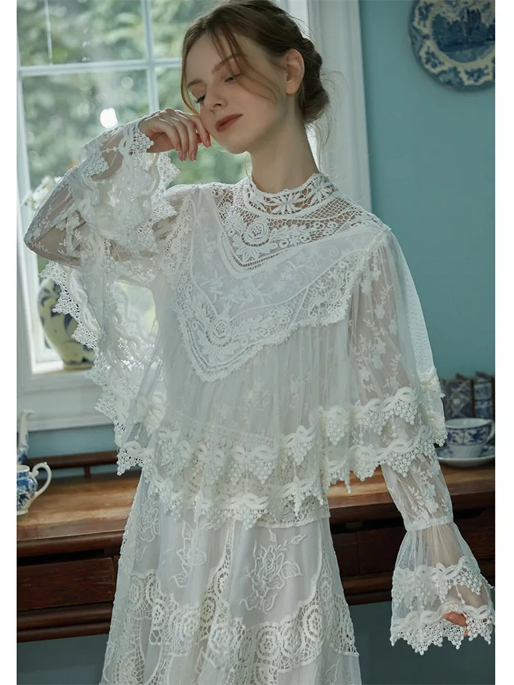 AIGYPTOS White Lace Dresses Women Spring Vintage Elegant Slim Long Sleeve Cape Dress Embroidery Lace Mesh Patchwork Midi Dress