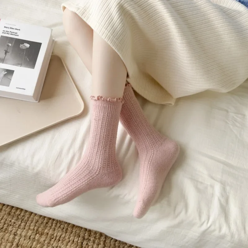 Autumn Winter Thick Warm Women Socks Wool Cashmere Thermal Long Socks Women Casual Solid Color Japanese Kawaii Cute Ruffle Socks