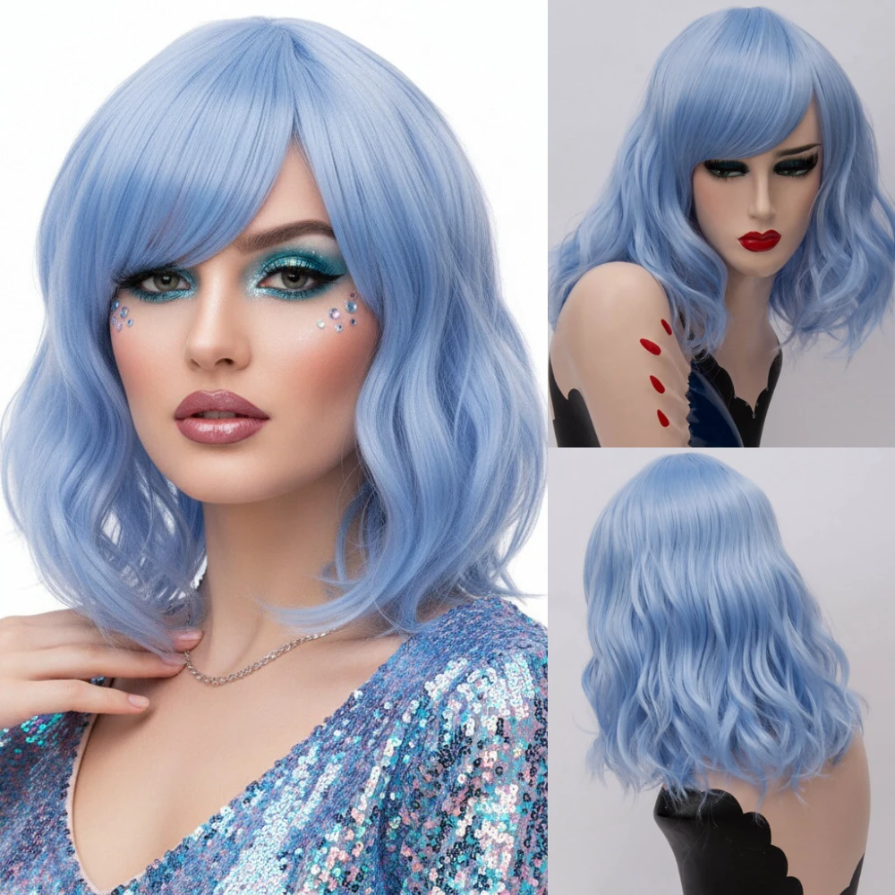 Short Wavy Blue Synthetic Wig with Side Bang MSIWIGS Heat Resistant Style for Women’s Cosplay Halloween & Party