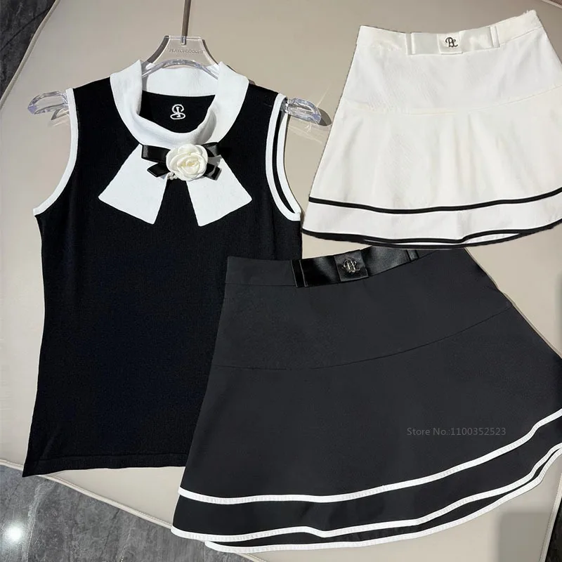 PL Women Golf Tank Top Korean Rose Flower Sleeveless Shirt Ladies Double Layer Golf Skirt Slim Ruffle Tennis Skirt with Short