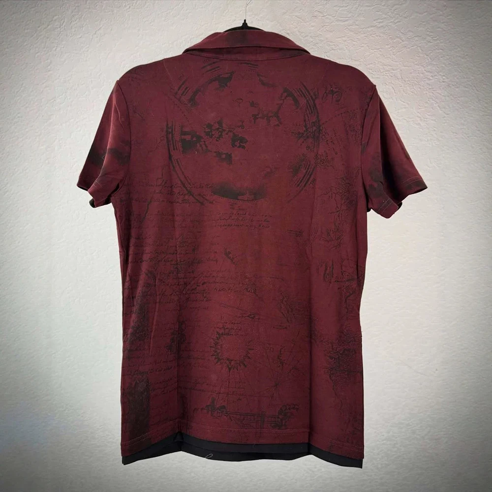 Summer new tie dye feather print retro y2k diagonal metal zipper lapel wine red short sleeved T-shirt