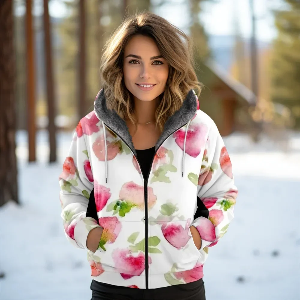 

Pink Floral Women's Sherpa-Lined Fleece Full-Zip Hooded Jacket Casual Long Sleeve Coats Ins Style Winter Warm Thick Outerwear