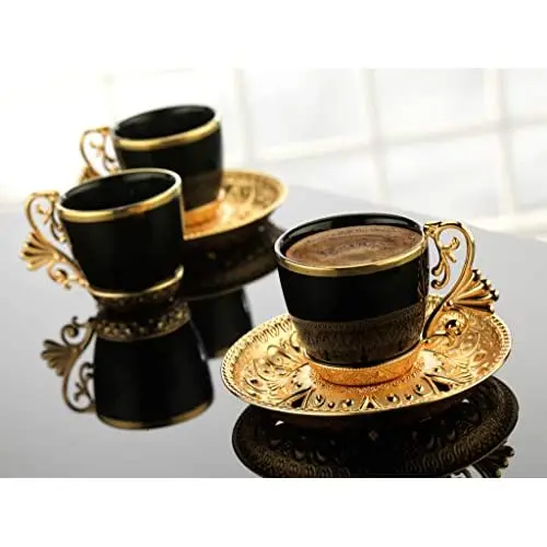 Fancy Turkish Coffee Cup Saucers Set of 6, Porcelain 4 oz. Turkish Coffee Set, Espresso Cup Set, Greek Coffee, Demitasse Coffee