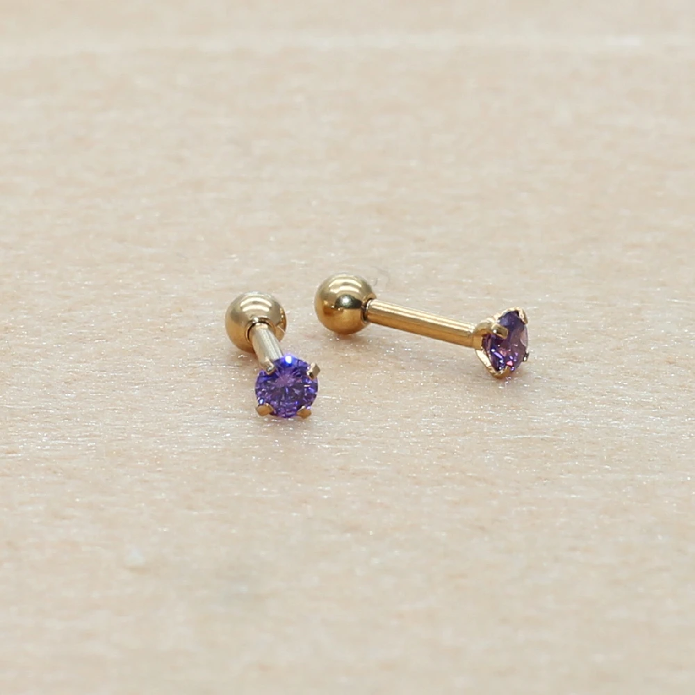 3mm Colorful Screw-back Stud Earrings 316l Stainless Steel Classical Gold-color AAA Round Zircon