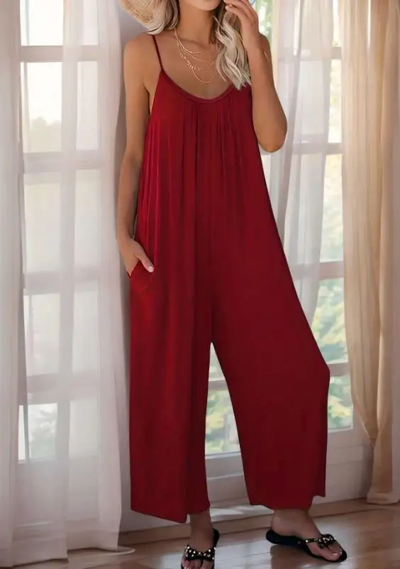 

Свободный женский комбинезон, летний повседневный простой комбинезон без рукавов с круглым вырезом и карманами, широкий комбинезон, подходящий для отпуска