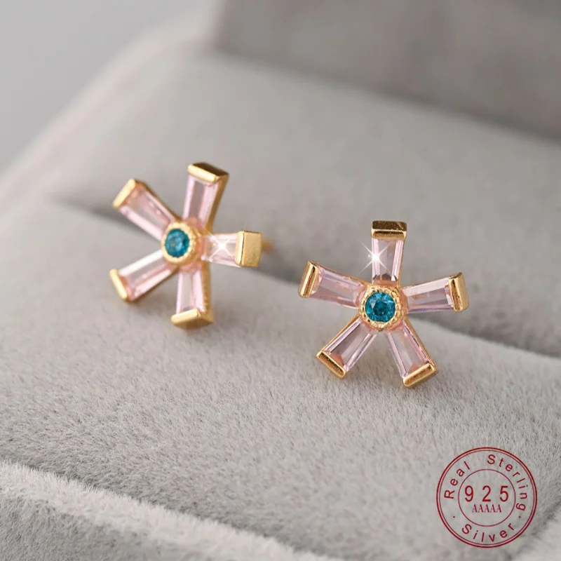

Real 925 Sterling Silver Sweet Pink Flowers Stud Earrings For Women Pave Setting CZ Fine Jewelry Gift