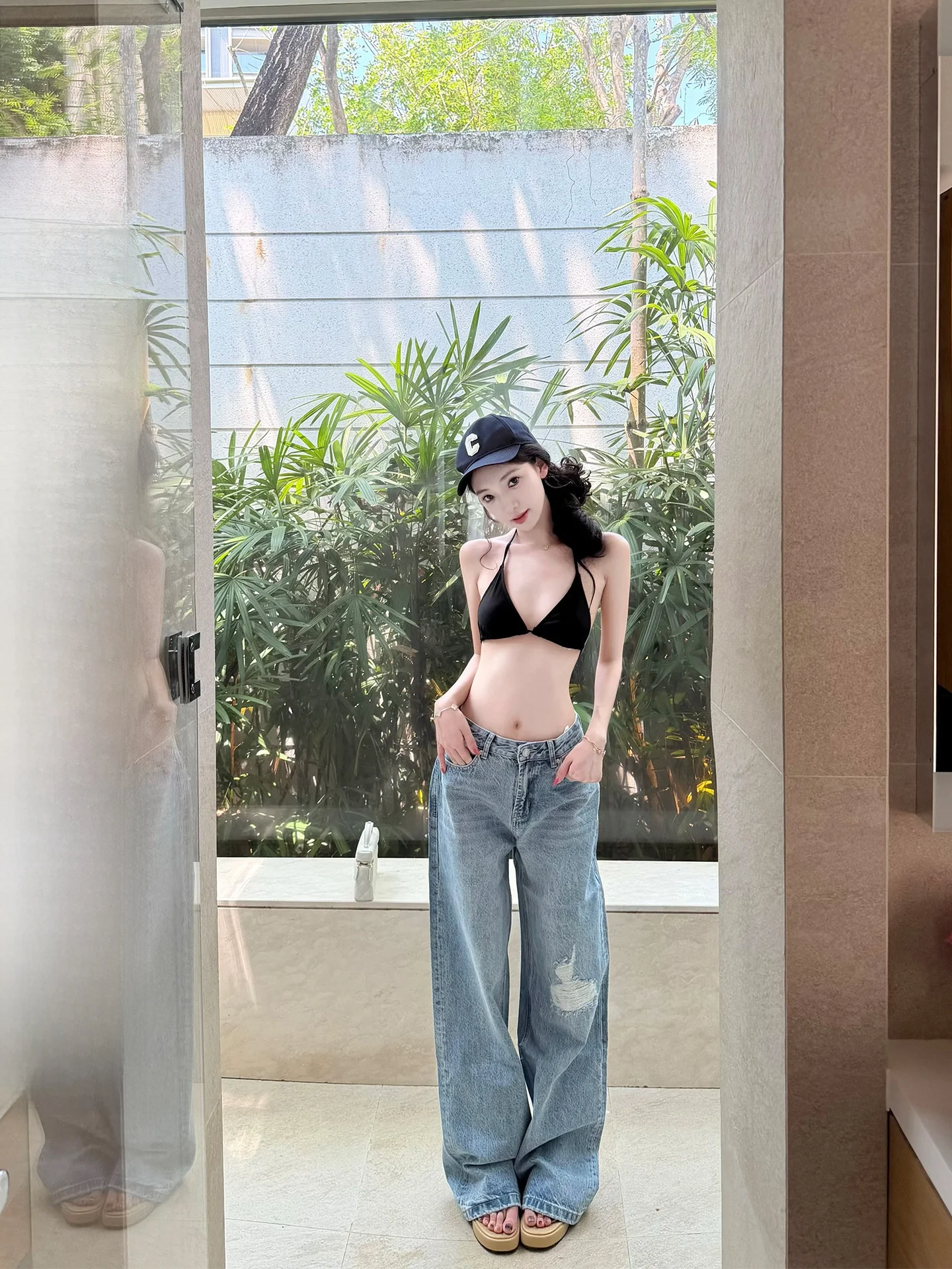 

Blue High Waist Wide Leg Jeans Women's Long Length Slimming Straight Cut Commute Style Natural Waist Button Closure Jeans