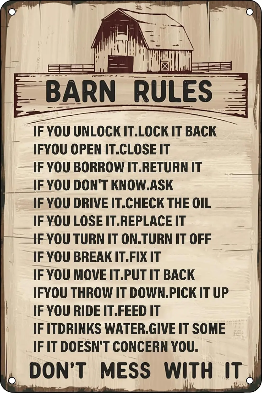 Funny Barn Rules Vintage Tin Signs Wall Decor for Home Kitchen Garden Garage Farmhouse Bar Pub Man Cave Porch Outdoor 8x12  sign