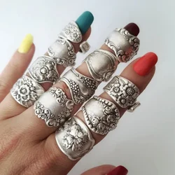 Punk Metal Carved Print Open Ring for Women Men Hip Hop Silver Color Adjustable Rings Set Party Jewelry Gift